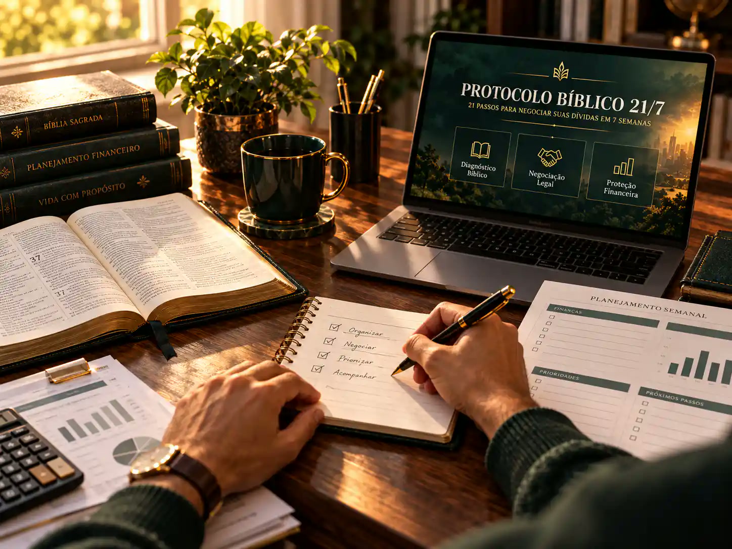 Materiais de organização financeira ao lado de uma Bíblia e de um caderno de planejamento
