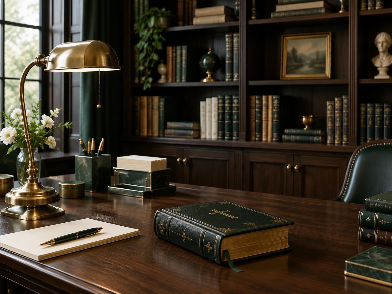 Ambiente de trabalho editorial com livros organizados, Bíblia e mesa de madeira