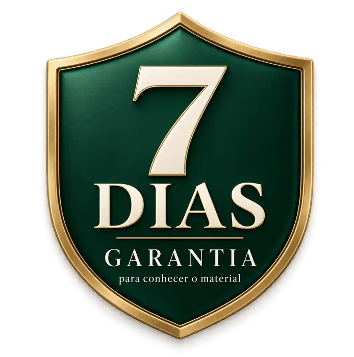 Selo em escudo verde com borda dourada com os dizeres 7 dias de garantia para conhecer o material