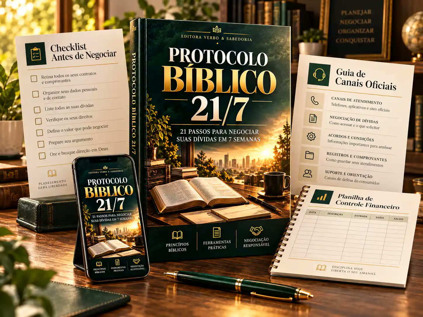 Composição com o manual Protocolo Bíblico 21/7, kit de documentos, planilha financeira e guia de canais oficiais