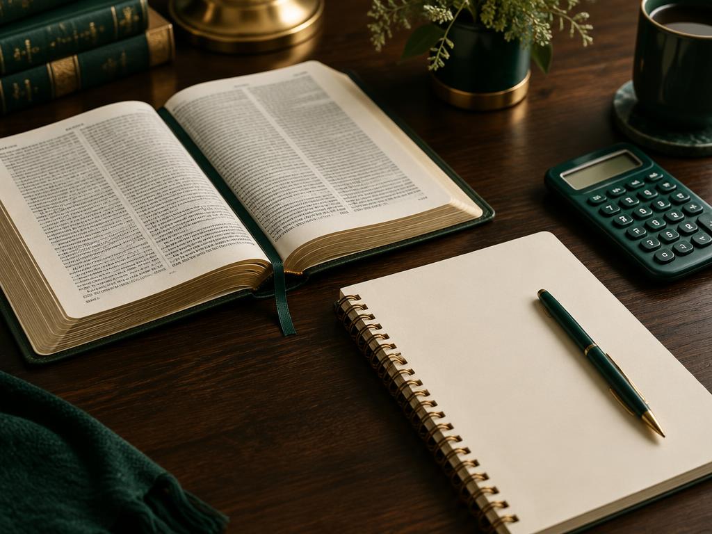 Bíblia aberta ao lado de caderno financeiro e calculadora