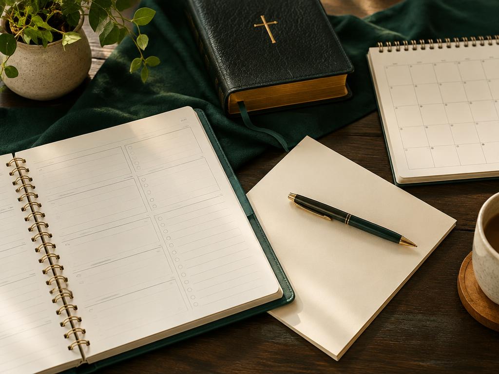 Agenda de planejamento familiar, caderno e Bíblia sobre mesa de madeira